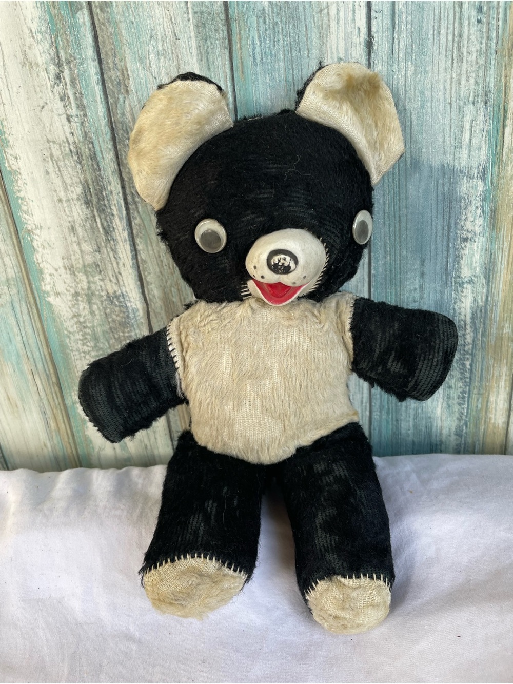 VINTAGE 10” Panda Teddy Bear with Rubber Nose/Mouth Good Condition Minor wear